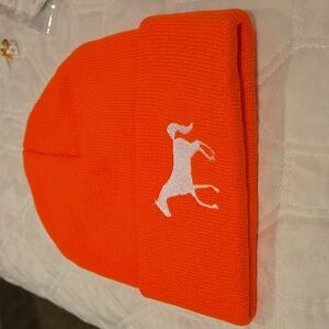 Equestrian Embroidered hat cap Bright orange w/white knit embroidered horse Nwot